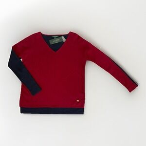 Lauren Ralph Lauren Top Linen Blend V-Neck Long Sleeve Womens Burgundy/Blue NWT